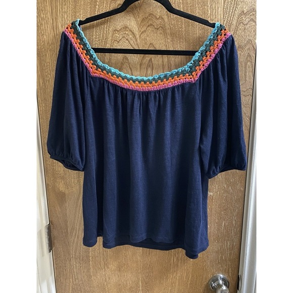 Boden Crochet Multicolor Square Neck Navy Linen Blouse Size 6 Flowy Puff Sleeve - Picture 9 of 14